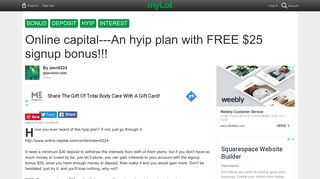 Online capital---An hyip plan with FREE $25 signup bonus!!! / myLot