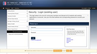 Security > Login (existing user) > AU Abroad