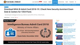 Download IB Admit Card 2018 for 1054 MHA IB Security Assistant Posts