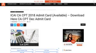 ICAI CA CPT 2018 Admit Card (Available) - Download Here CA CPT ...
