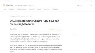 US regulators fine China's ICBC $6.1 mln for oversight failures - Reuters