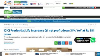 ICICI Prudential Life Insurance Q1 net profit down 31% YoY at Rs 281 ...