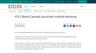ICICI Bank Canada launches mobile banking - Canada Newswire