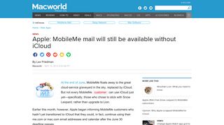 Apple: MobileMe mail will still be available without iCloud | Macworld