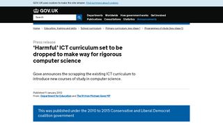 'Harmful' ICT curriculum set to be dropped to make way for ... - Gov.uk