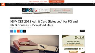 IGKV CET 2018 Admit Card (Released) for PG and Ph.D Courses ...