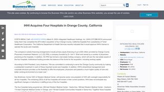 IHHI Acquires Four Hospitals in Orange County, California | Business ...