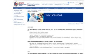 History of ImmTrac2 - Texas Department of State Health Services