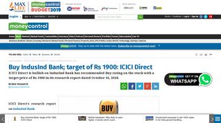 Buy IndusInd Bank; target of Rs 1900: ICICI Direct - Moneycontrol.com