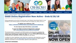 OASD Online Registration Now Active - Ends 8/20/18 - Oshkosh Area ...