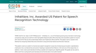 InfraWare, Inc. Awarded US Patent for Speech Recognition Technology