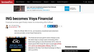 ING becomes Voya Financial - InvestmentNews