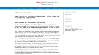 HARPERCOLLINS TO PUBLISH MANUSCRIPT DISCOVERED ON ...