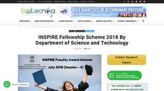 INSPIRE Fellowship Scheme 2018 By Department of Science and Tech