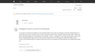 Instagram won't connect to Facebook - Apple Community