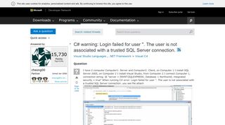 C# warning: Login failed for user ''. The user is not associated ...