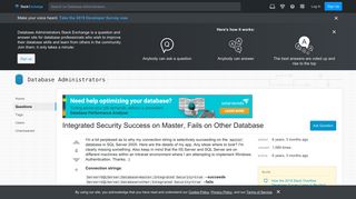 sql server - Integrated Security Success on Master, Fails on Other ...