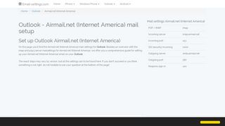 Outlook - Airmail.net (Internet America) mail setup | Email settings