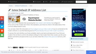 Intex Default IP Address List (Updated August 2018) | RouterReset