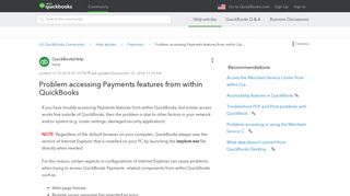 Problem accessing Payments features from within ... - QuickBooks - Intuit
