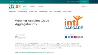 Weather Acquires Cloud Aggregator intY - PR Newswire