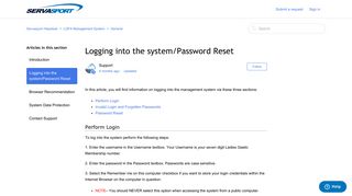 Logging into the system/Password Reset – Servasport Helpdesk
