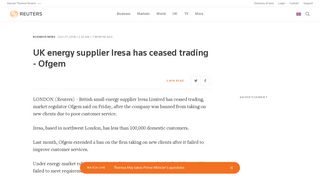 UK energy supplier Iresa has ceased trading - Ofgem | Reuters