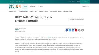 IRET Sells Williston, North Dakota Portfolio - PR Newswire