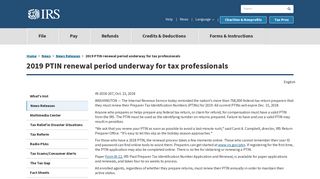 2019 PTIN renewal period underway for tax professionals ... - IRS.gov