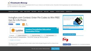 Irvingfun.com Contest: Enter Pin Codes to Win FREE Gas for Life Prizes