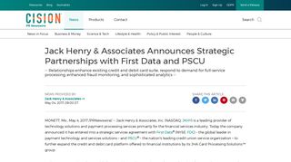 Jack Henry & Associates Announces Strategic Partnerships with First ...