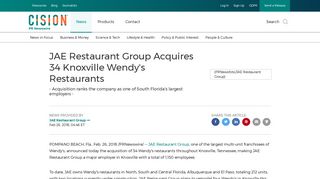 JAE Restaurant Group Acquires 34 Knoxville Wendy's Restaurants