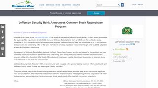Jefferson Security Bank Announces Common Stock Repurchase ...