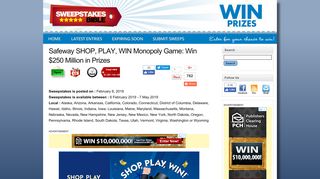 Safeway SHOP, PLAY, WIN Monopoly Game: Win $250 Million in ...