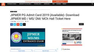 JIPMER PG Admit Card 2019 (Available)- Download JIPMER MD / MS ...