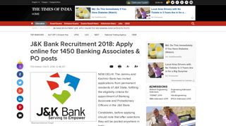 J&K Bank Recruitment 2018: Apply online for 1450 Banking ...