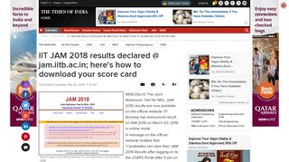 IIT JAM 2018 results declared @ jam.iitb.ac.in; here's ... - Times of India