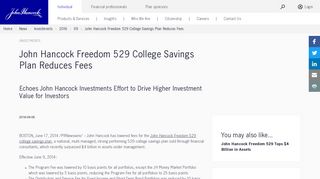 John Hancock Freedom 529 College Savings Plan Reduces Fees