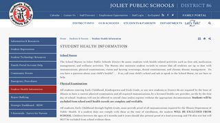 Student Health Information - Joliet Public Schools District 86