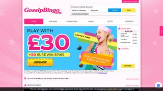 Gossip Bingo | Get £30 + 50 FREE Spins | No Deposit Bingo
