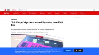 'F--k Harper' sign in car earns Edmonton man $543 fine | CBC News