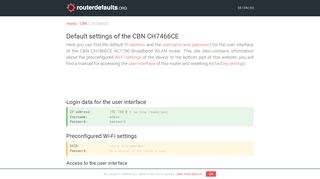 Default settings of the CBN CH7466CE - routerdefaults.org