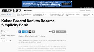 Kaiser Federal Bank to Become Simplicity Bank | American Banker