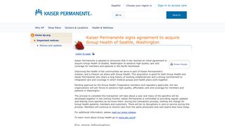 Kaiser Permanente signs agreement to acquire Group Health of ...