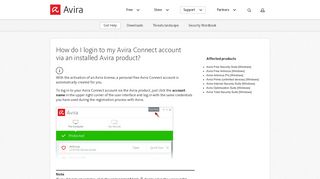 How do I login to my Avira Connect account via an installed Avira ...