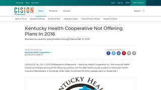 Kentucky Health Cooperative Not Offering Plans In 2016 - PR Newswire