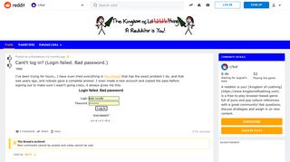 Cant't log in? (Login failed. Bad password.) : kol - Reddit