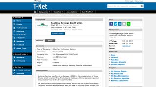 Kootenay Savings Credit Union Profile on T-Net