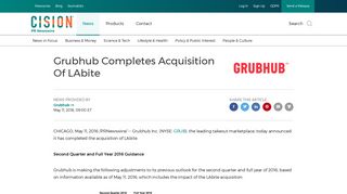 Grubhub Completes Acquisition Of LAbite - PR Newswire