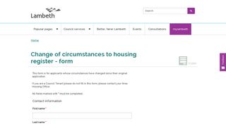 Change of circumstances to housing register - form | Lambeth Council